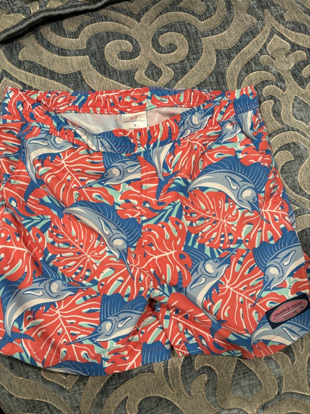 Vineyard Vines Coral and Blue Marlin & Leaf Swim Trunks